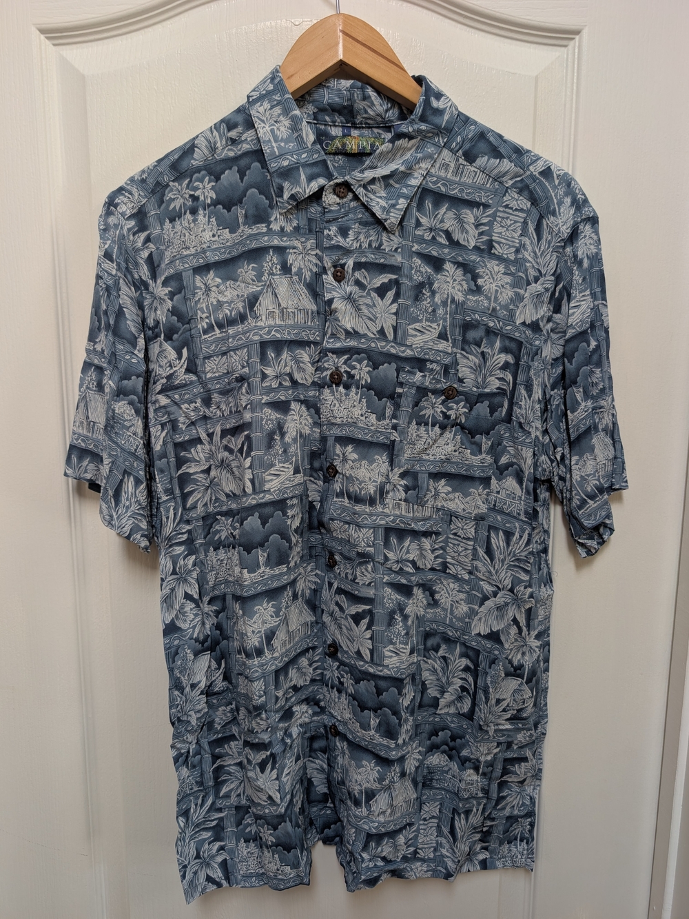 Campia Moda Men’s L Blue Hawaiian Aloha Shirt Tropical Scenic Rayon